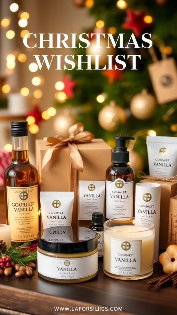 A collection of vanilla-themed Christmas gifts including extract, candles, and skincare products on a festive table.